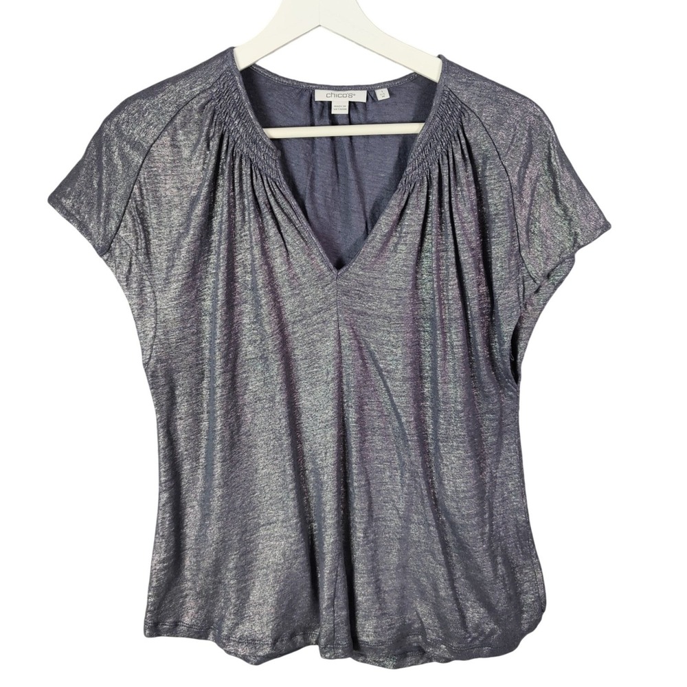 Chicos Womens Metallic Glam 100% Linen Blouse 1 M Top Silver VNeck Smocked Shirt